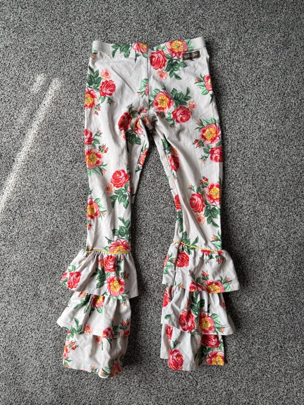 Matilda Jane Cream Leggings with Pink & Yellow Rose Print and Ruffle Hems